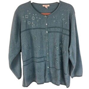 Dressbarn Cardigan Womens 2X Blue Floral & Paisley Beaded Embroider Long Sleeve